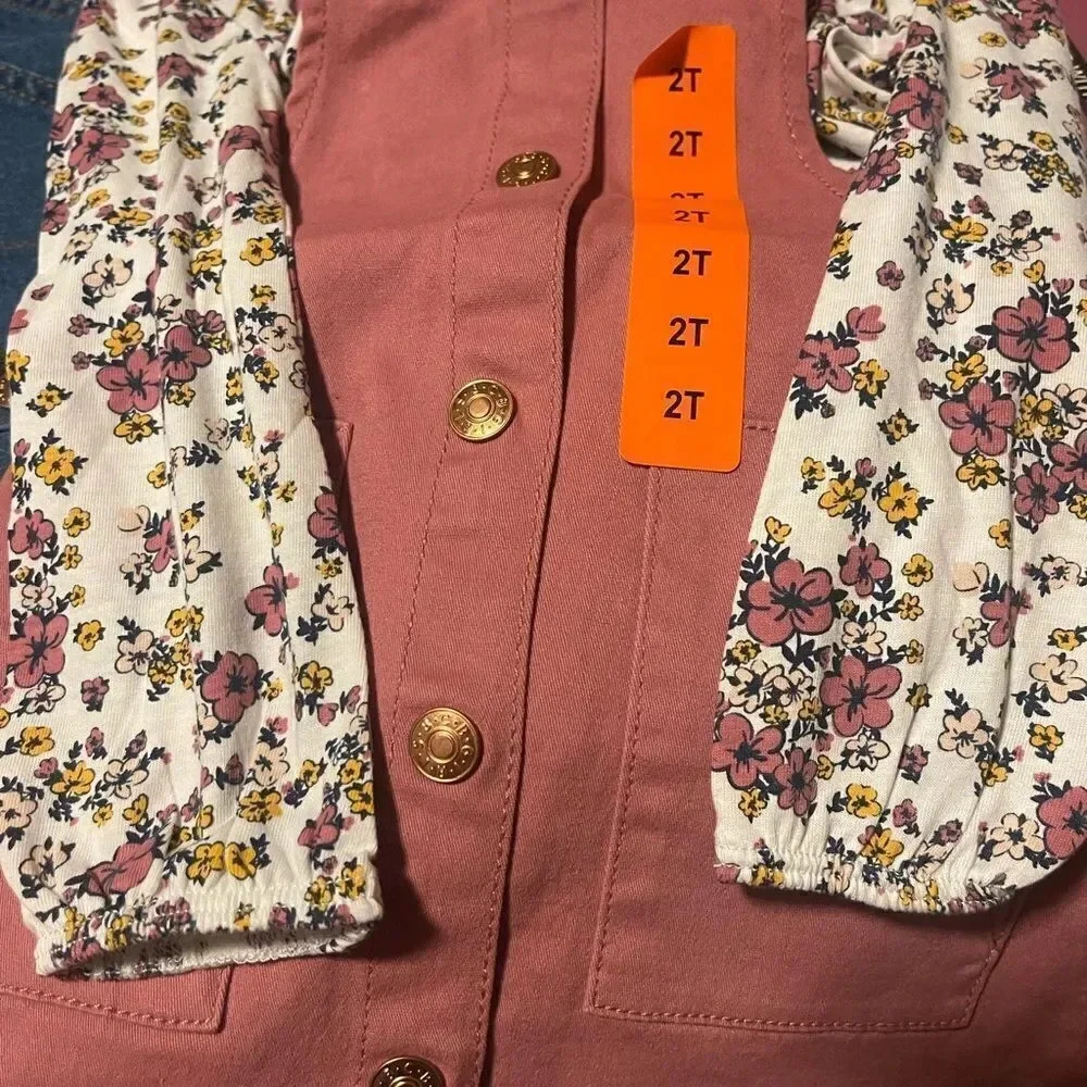 #5 BCBG Girls Kids' 2-piece Pink Romper Skirt Set with Floral Long sleeve Shirt